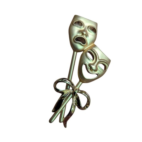 Gold Tone Drama Comedy & Tragedy Mask Brooch Pin Theater Lovers Embossed Design - Picture 3 of 6